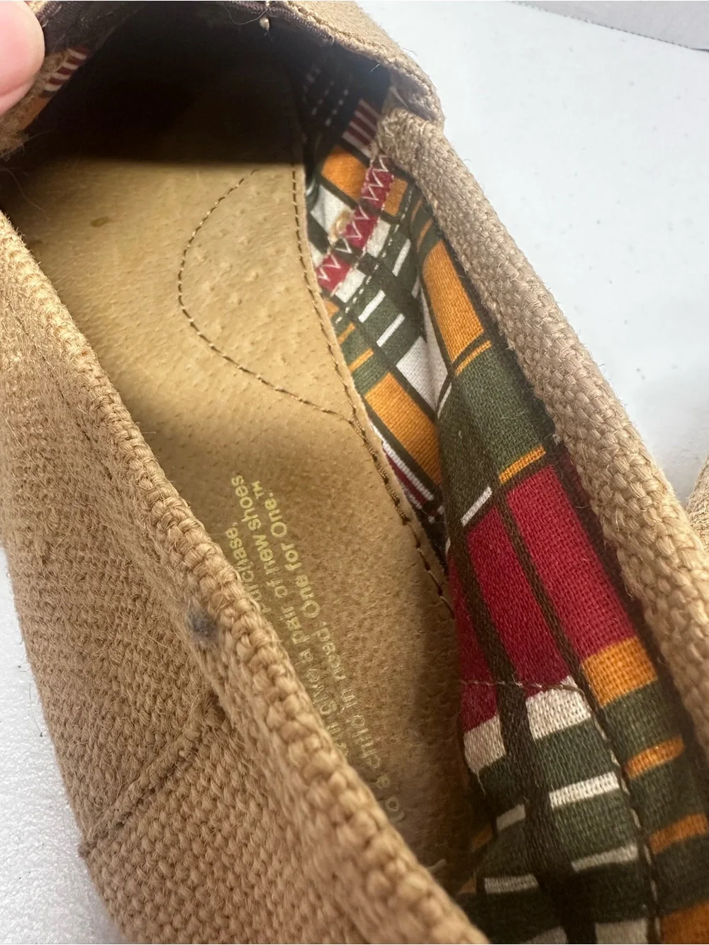 TOMS Classic Burlap Canvas Slip On Flats Plaid Lined Women’s Size 12 Tan